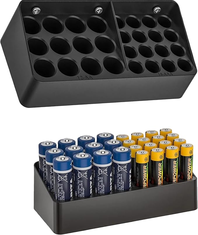RUDDLIN Battery Storage Organizer Battery Storage Box Black Fits 16 AAA & 12 AA by RUDDLIN