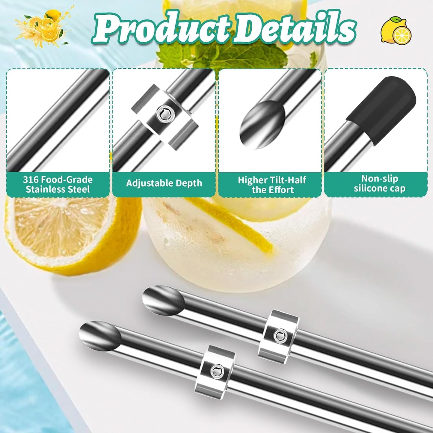 8-in-1 Lemonade Stand Tool Kit:2X 316 Stainless Steel Straw Hole Punchers for Plastic Lids,Straw Puncher Set and 1 Muddler for Lemonade,Mixing Spoon,2 Brushes,Tongs & 500Pcs Lemon Stickers for Cups