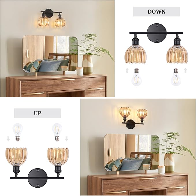 Shenmoyl Bathroom Light Fixtures, 2-Light Black Vanity Wall Light Over Mirror - Image 6