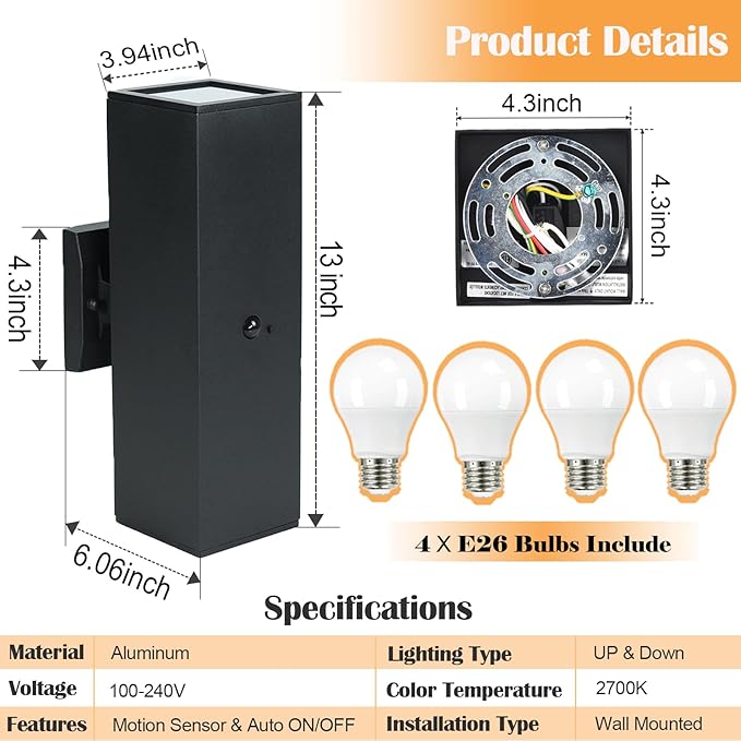 wowlite Motion Sensor Outdoor Wall Lights, Dusk to Dawn Outdoor Lighting - Image 8