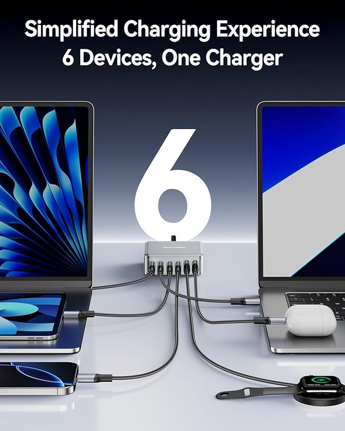 270W USB C Charger Block, Rocoren 6 Port Multi USB-C Charging Station, 100W PD - Image 4