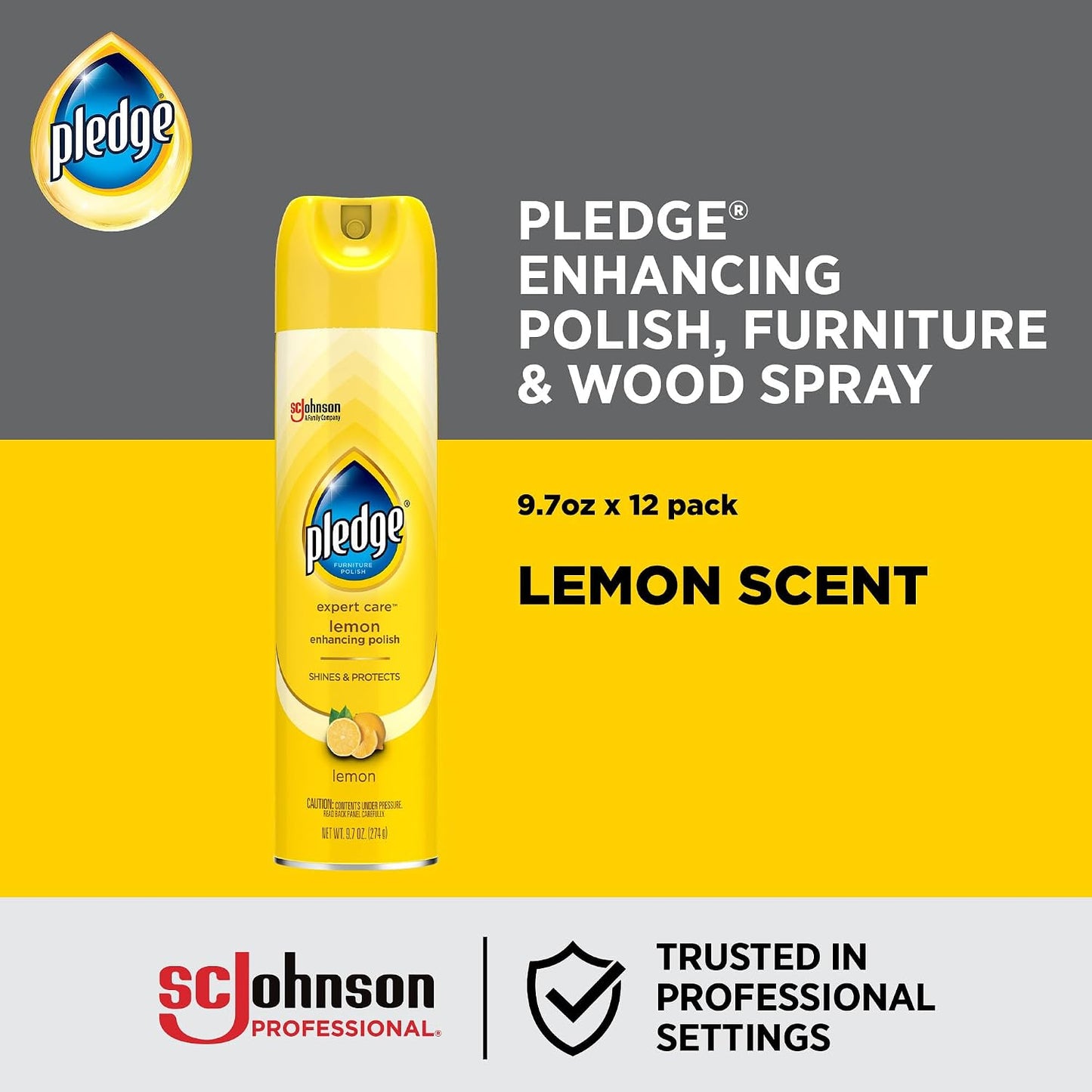 SC Johnson Professional Pledge Enhancing Polish Spray, Lemon scent, 12 Pack | Wood furniture, stainless steel polish that lifts dust and fingerprints for a fast shine, prevent scratches & knicks