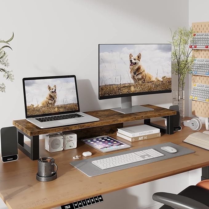 WESTREE Dual Monitor Stand Riser, Wood and Steel Monitor Stand Riser, Computer - Image 2