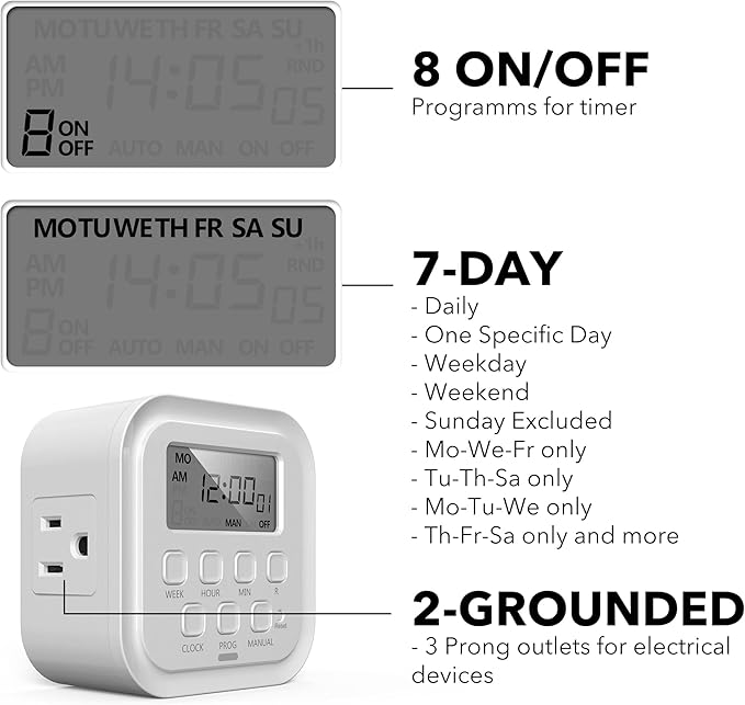 HBN 7 Day Heavy Duty Digital Timer, Dual Outlet, On/Off Programs 3-Prong - Image 5