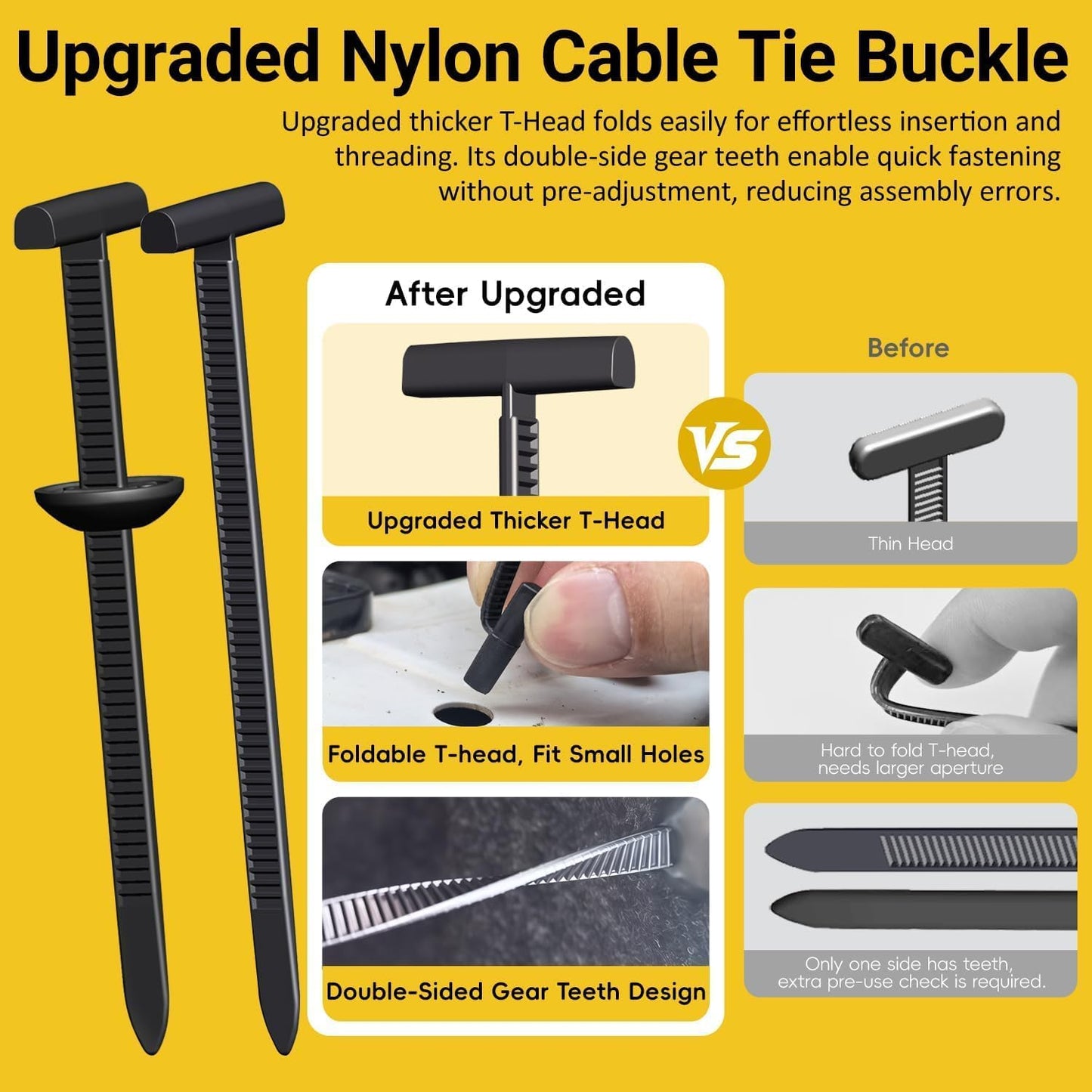 Upgraded Nylon Universal Cable Tie Buckles, Nylon Zip Ties Holders Kit, Automotive Zipper Clips Self-Locking T Rivet Zipties for Car Fender Trunk Bumper Repair, Home & Garage Patent Pending
