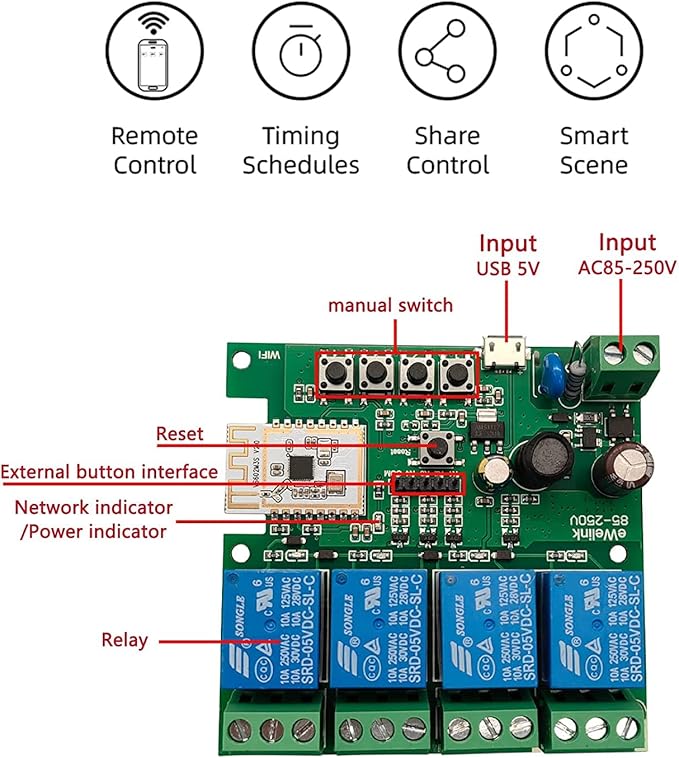 Newgoal 4 Channel Smart WiFi Relay Switching Module USB 5V/AC85V-250V, Supports - Image 5