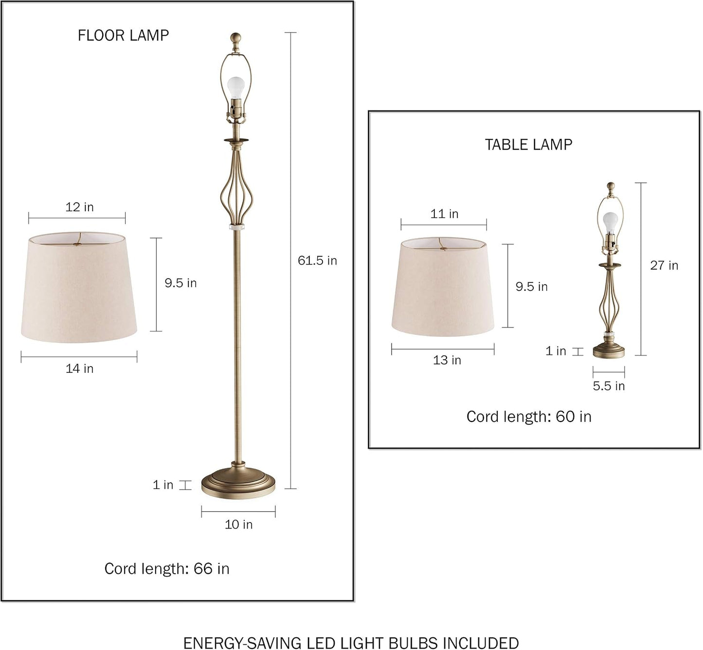 Lavish Home Table and Floor Lamps Set of 3 Matching Curved Openwork Steel Lighting for Living Room, Bedroom, Office, Energy-Efficient LED