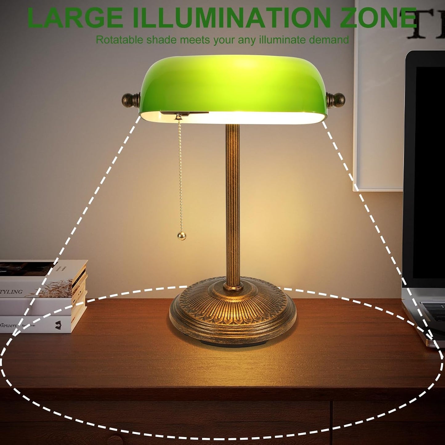 NISSAFORS Bankers Desk Lamp, Green Glass Shade, Vintage Desk Lamp with Pull Chain Switch, Retro Table Lamps for Home Office(Retro Gold+Green, Small)