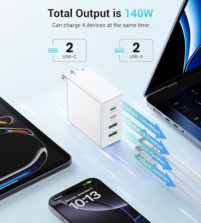 140W USB C Mac Book Pro Charger, 4-Port Type C 20W Fast Charger Block - Image 3