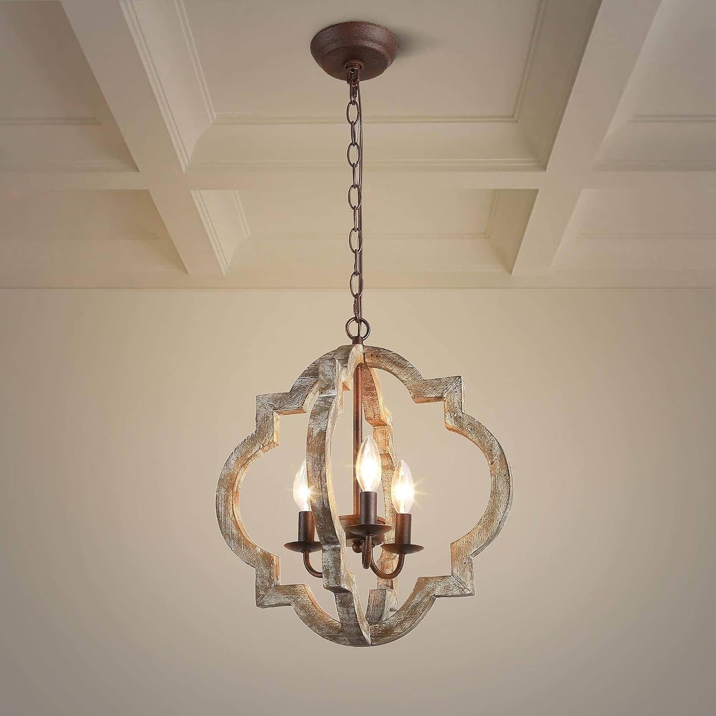 LOG BARN Farmhouse Chandelier, 3 Lights Rustic Handmade Wood Orb Chandeliers Hanging Pendant Light Fixtures for Dining Room, Bedrooms, Foyer, Entryway and Hallway