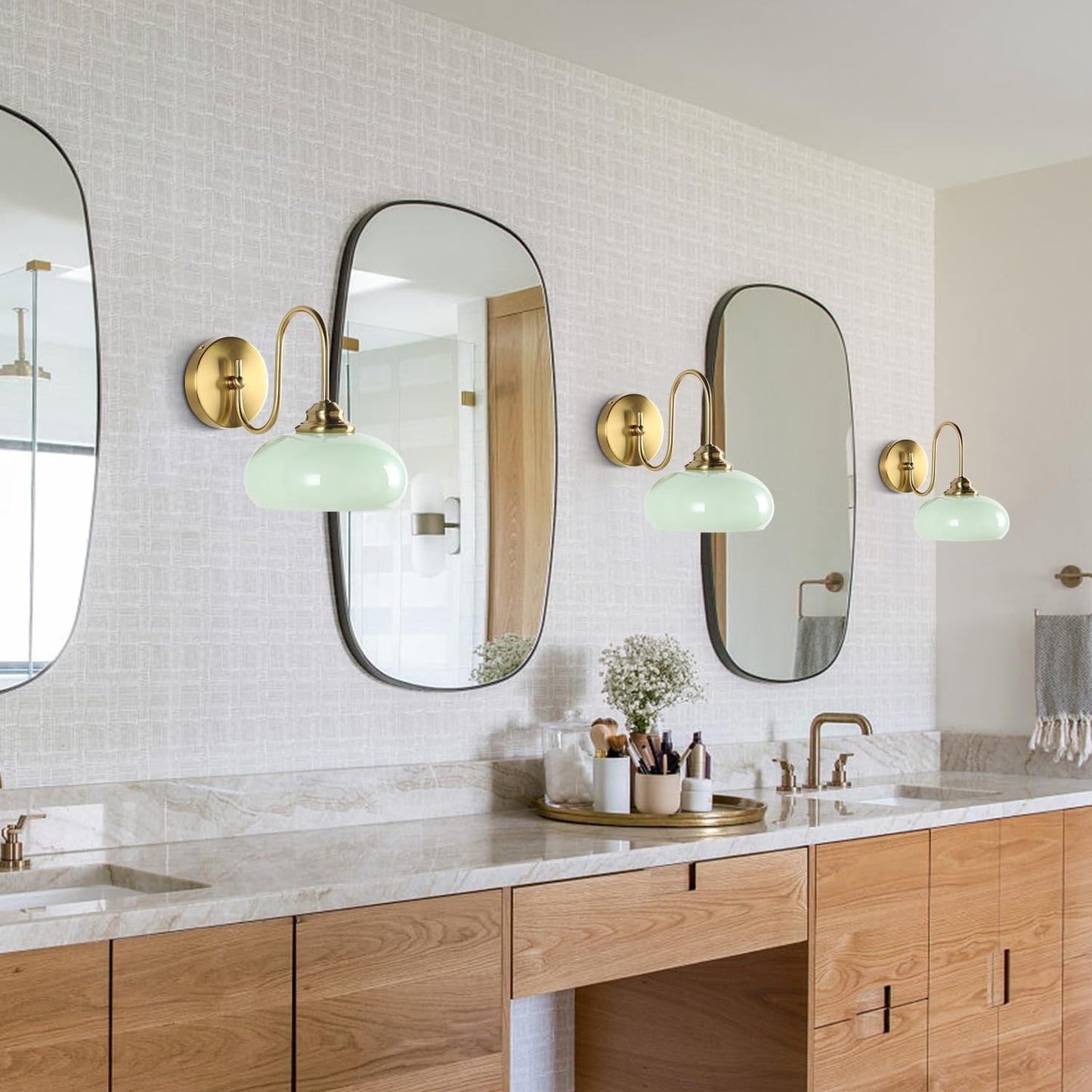 KCO Mid Century Modern Mint Green Dome Glass Wall Sconce with Curved Arm | E26 Base Hardwired, Up/Down Mounted, Vintage Bathroom Vanity Light Fixture, Brass Gold Wall Lamp for Bedroom Hallway Entryway