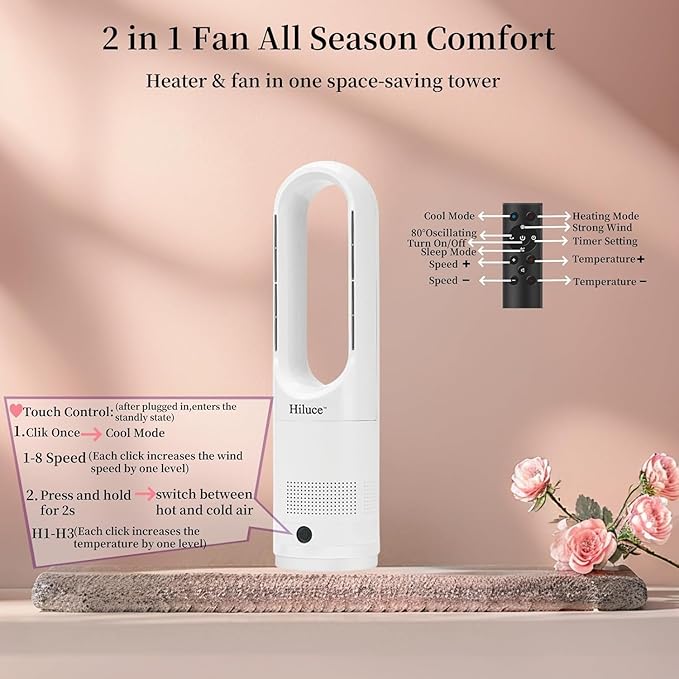 Hiluce All Season Bladeless Fan, 1400W Space Heater & 40W Tower Fan Combo - Image 9