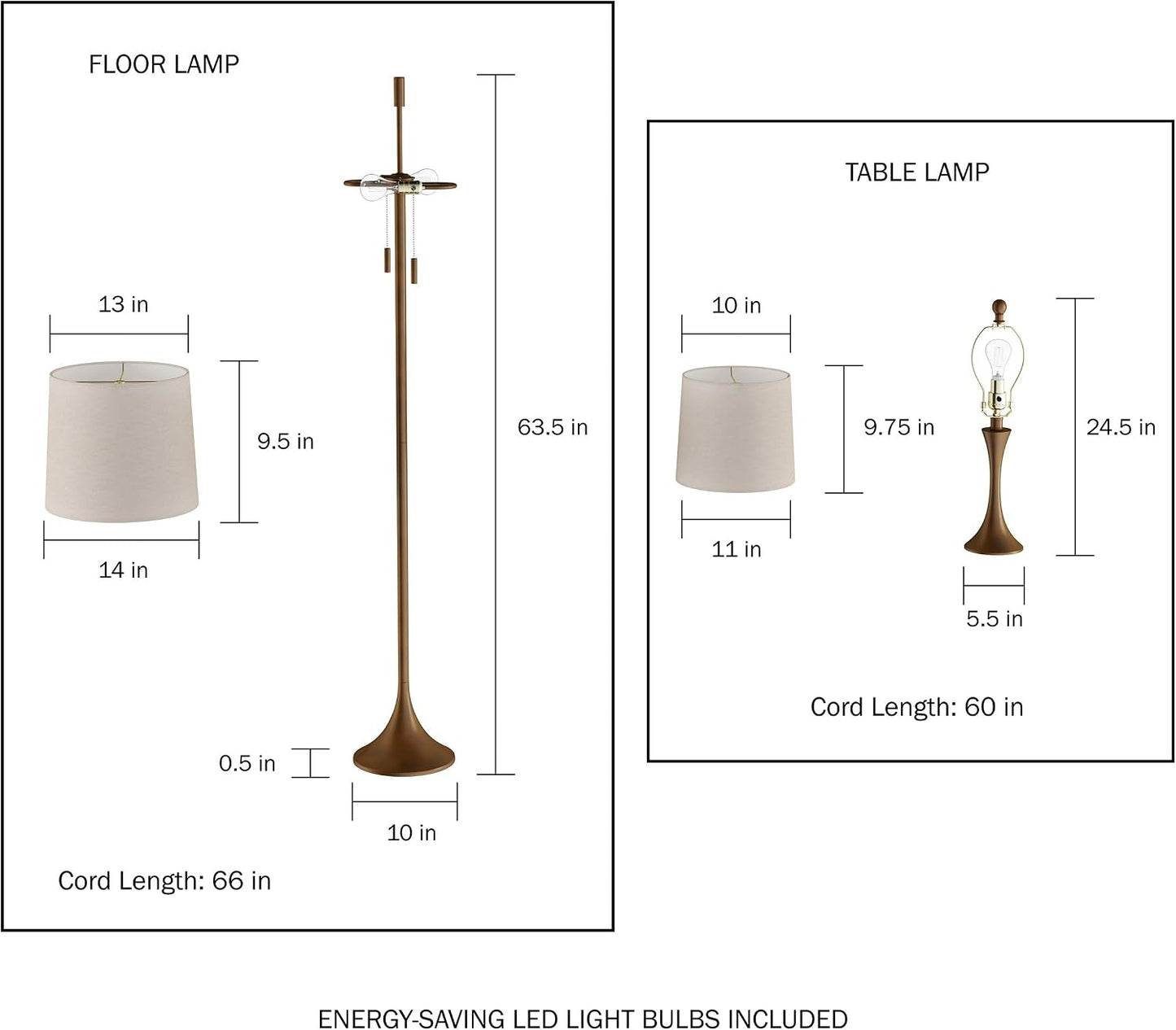 Lavish Home Table and Floor Lamps, Bronze, Set of 3, 11”x24.5”/14”x63.5” | Modern Metal Lights for Living Room, Bedroom, or Entry with Flared Base and LED Bulbs