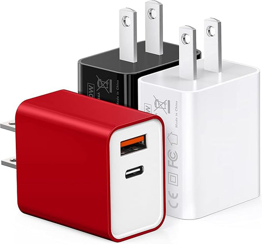 3 Pack 20W PD USB Charger, Dual-Port USB-C Wall Charger Plug in Block Station by CSODINCE