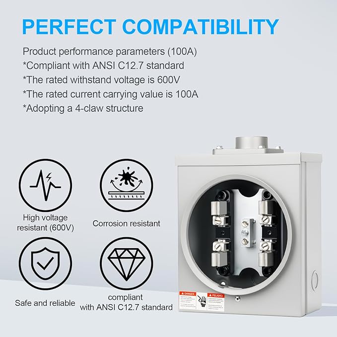 100 Amp Meter Socket, 4 Jaw Meter Base, 600V 3 Wire Ring Type, - Image 3