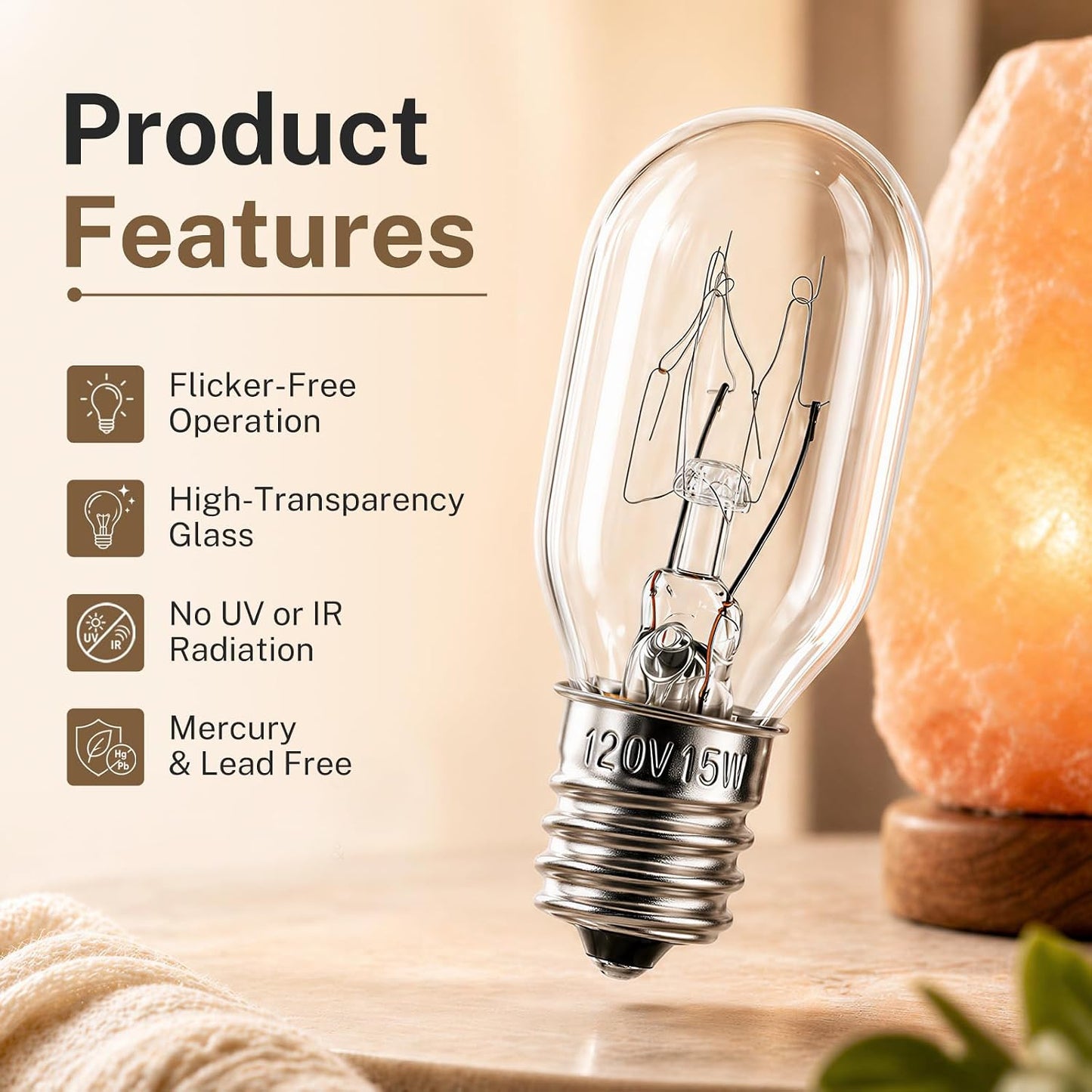 15W E12 Salt Lamp Bulb 120V 2700K Clear Glass Pack of 8 | T20 candelabra base bulbs fit salt lamps, wax warmers, night lights and bathroom lighting fixtures