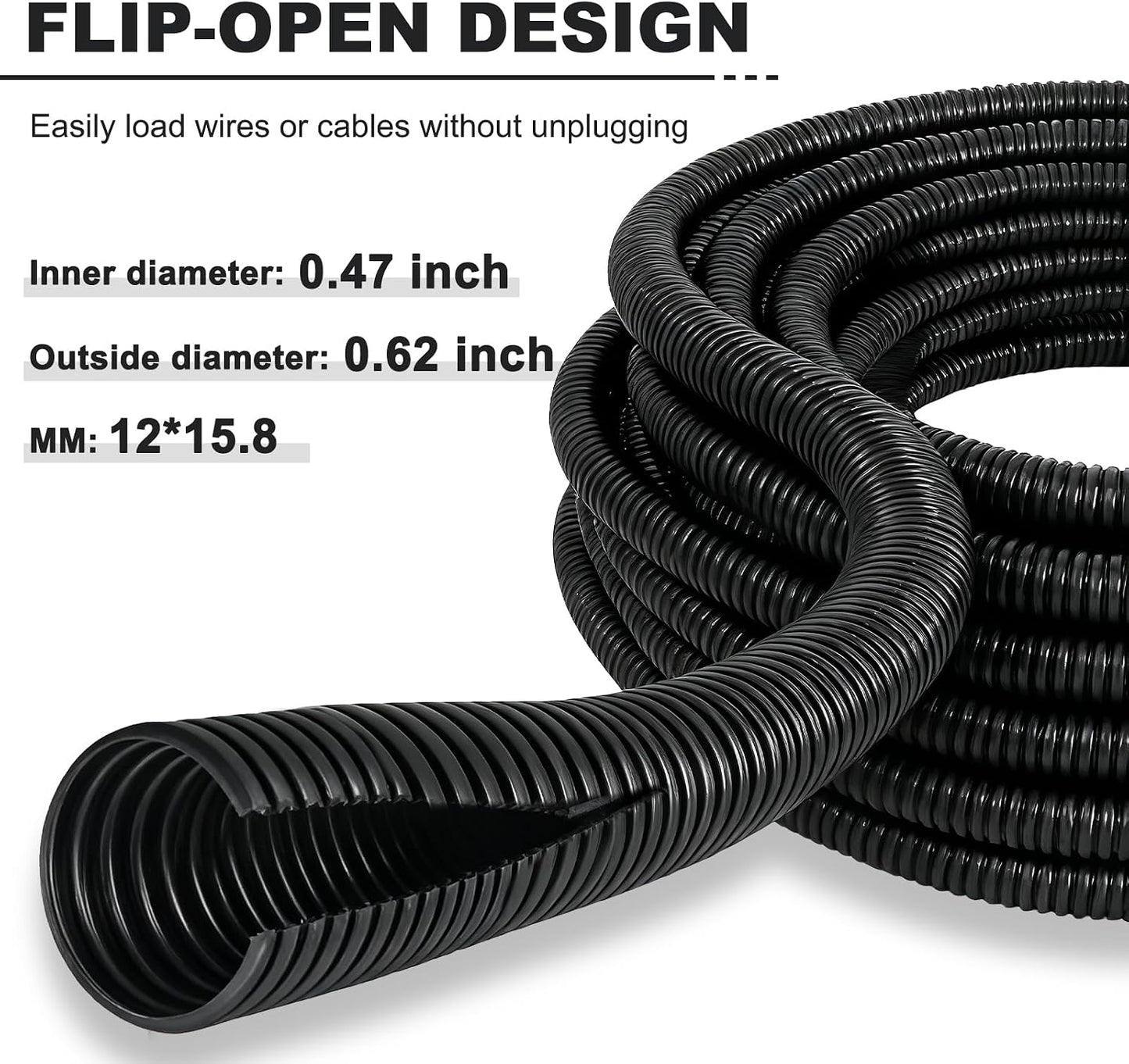 120ft 1/2 inch Split Wire Loom Tubing Kit with 2 Clamps - Flexible Abrasion Resistant Conduit for Automotive, Mechanical Cable Protection