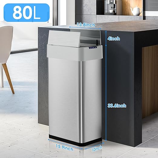 Arlopu 21.1 Gal Automatic Trash Can, 80L Stainless Steel Motion Sensor Garbage - Image 2