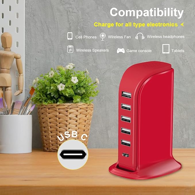 USB Phone Charger 6 Ports 40W Upoy, Type C Wall Charger Smart 6A, Charging Tower - Image 6