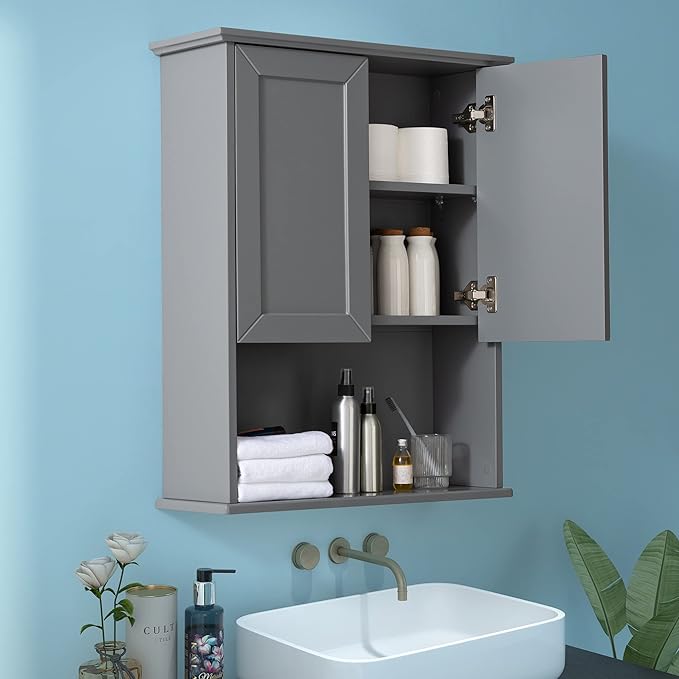 Grey Cabinet Wall Mounted with 2 Doors, Wooden Medicine Cabinet with Adjustable by VANIRROR