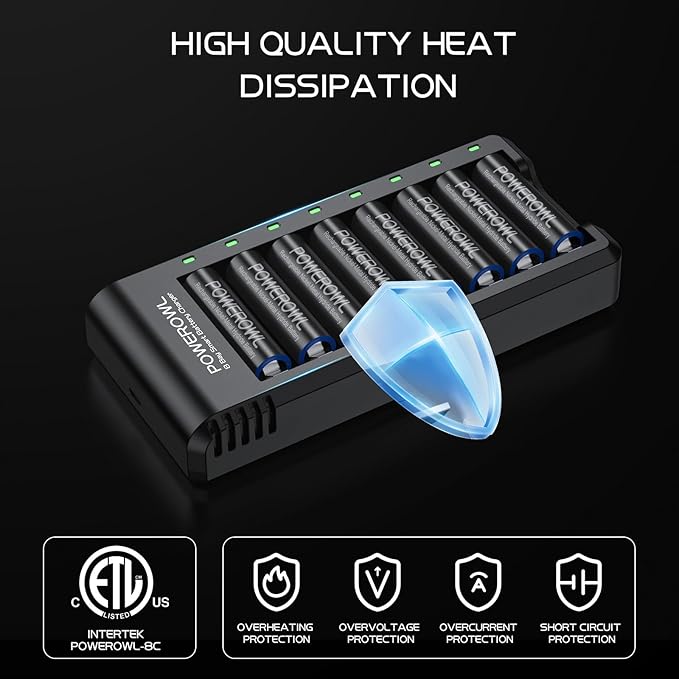 POWEROWL 8 Bay AA AAA Battery Charger, USB High-Speed Charging, Independent Slot - Image 7