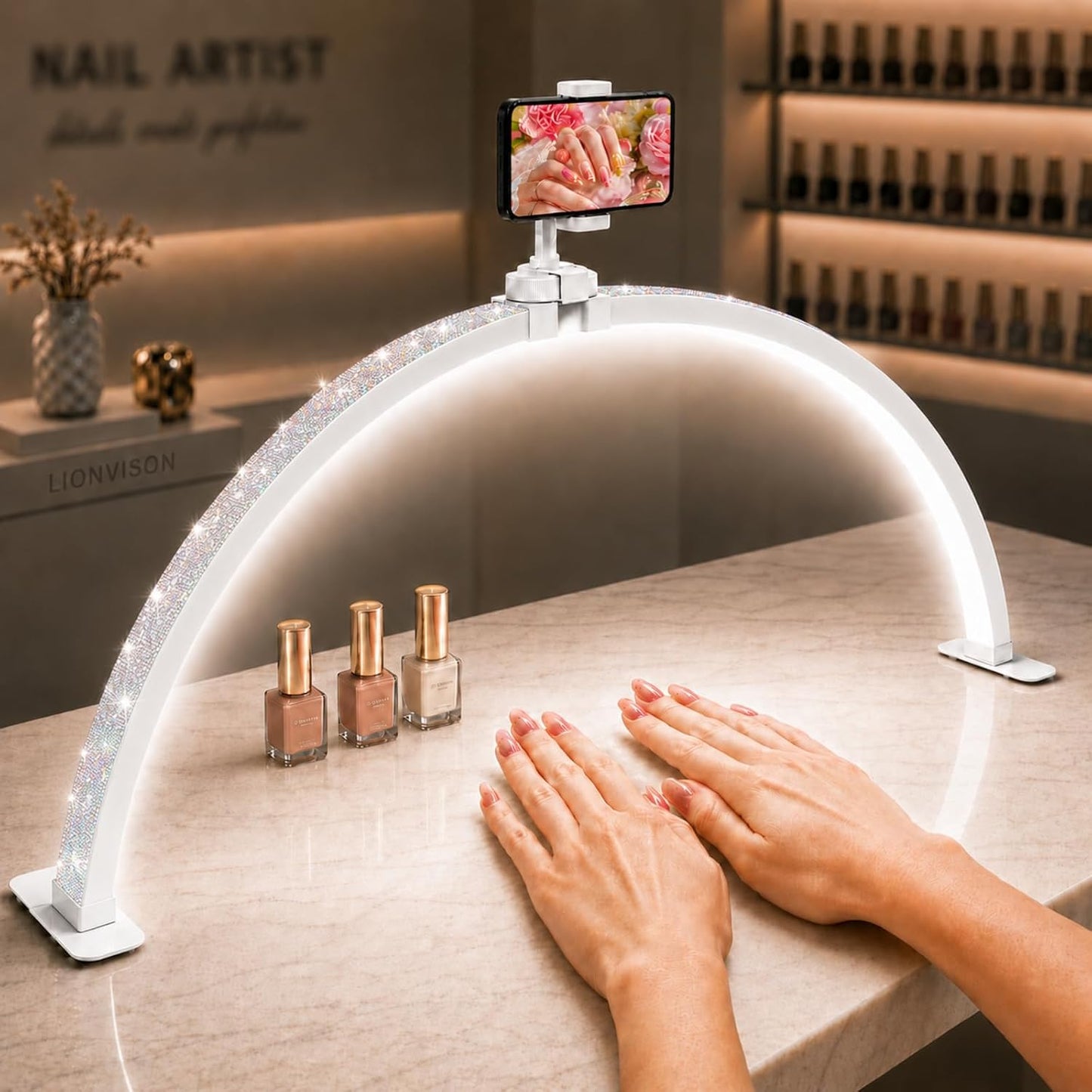 Half Moon Light for Nail Desk: 180° No-Shadow Manicure Table Lighting | 29'' with 3 Color Modes 10 Brightness Levels Keeps Nail Salon Work Area Lit for Manicurists - Phone Holder (Diamond)