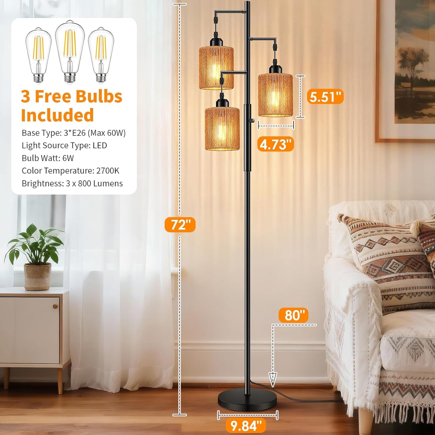 Hotsonic 72" Boho Rattan Tree Floor Lamp, Tall Dimmable Industrial Standing Lamp, Corner Decor Accent Lighting for Living Room, Bedroom, Dining Room, Nursery, Cafe (3 x 800LM Bulbs Included) - Black