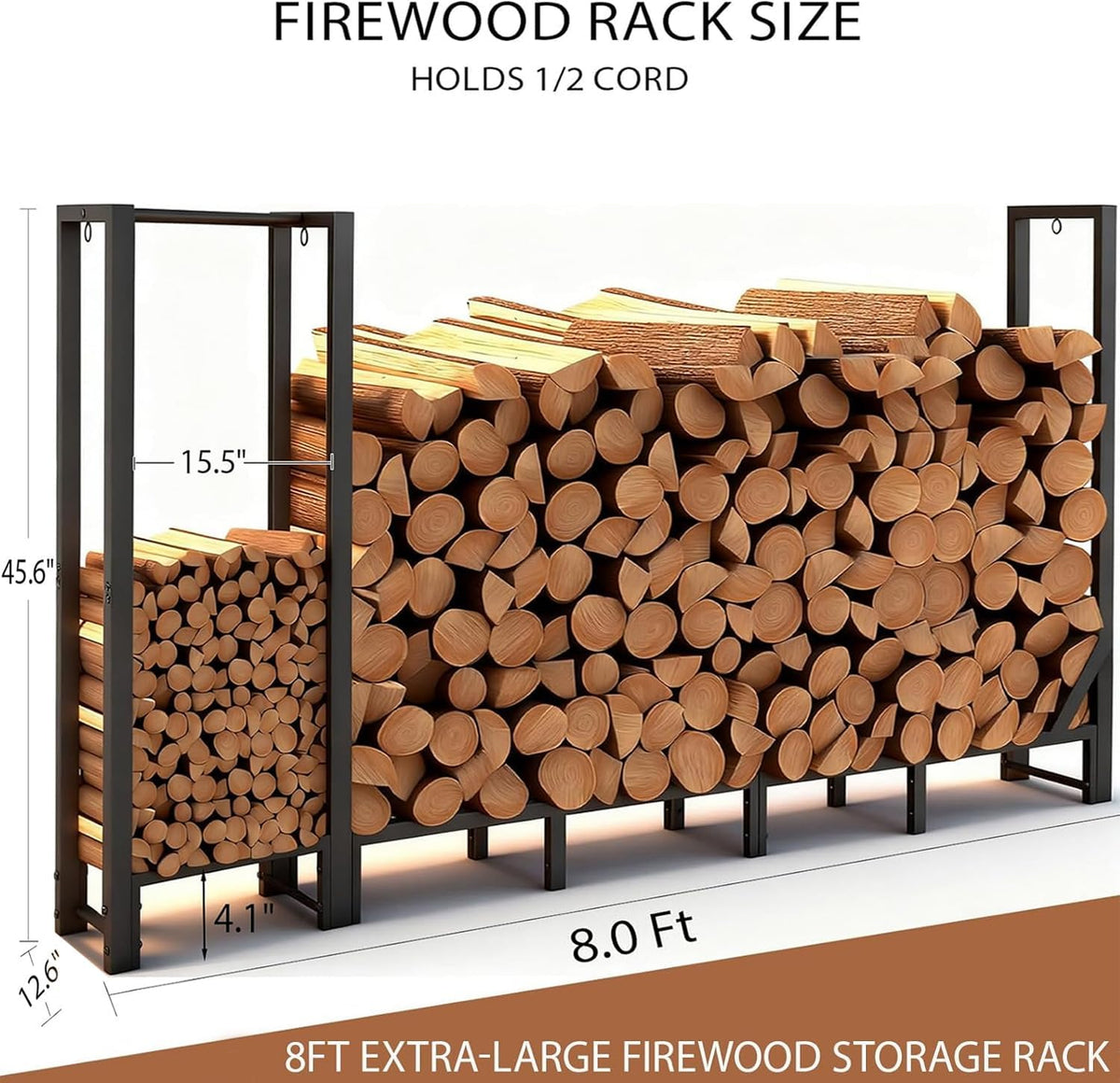 8ft heavy duty firewood rack with kindling storage,black, close-up detail