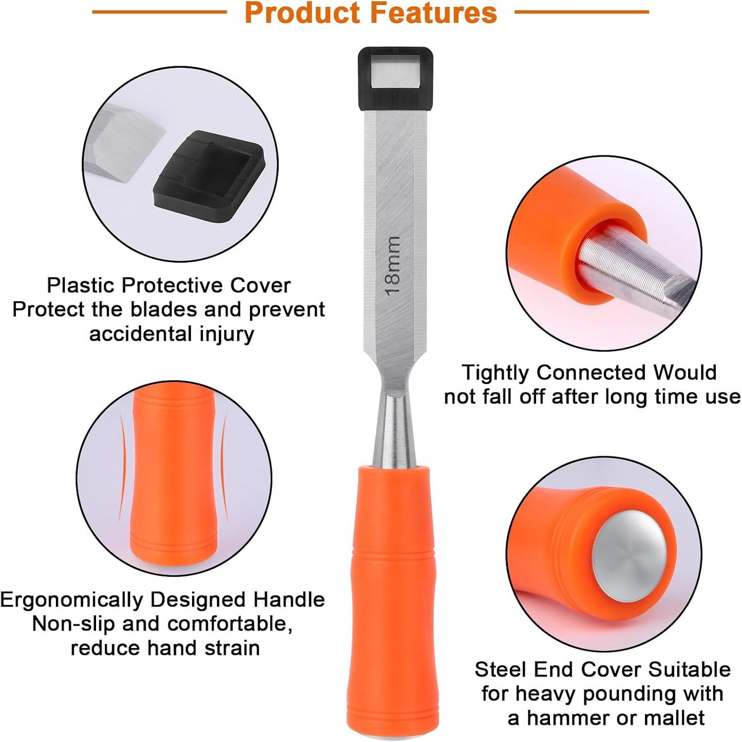 5 Piece Wood Chisel Sets Woodworking Tools Set, Wood Chisels for Woodworking with Steel Hammer End, Wood Tools Chisel Set Woodworking with Ergonomic Plastic Handle, 6mm, 12mm, 18mm, 24mm, 32mm