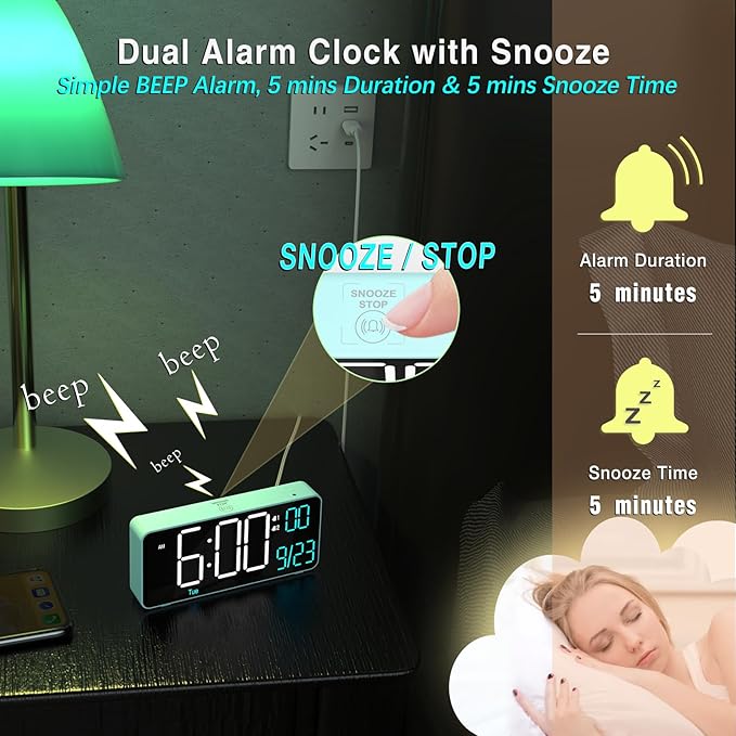 KOSUMOSU Digital Alarm Clock for Bedroom, 6.7in Desk Clock LED, Auto Dimming - Image 6