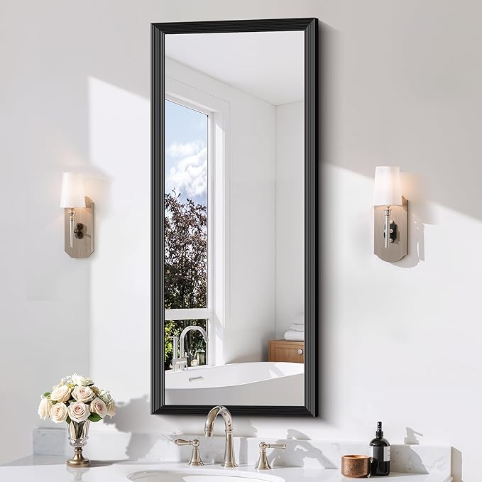 Black Bathroom Mirror 20 x 48 Inch Rectangle Wave Beveled by DESBING
