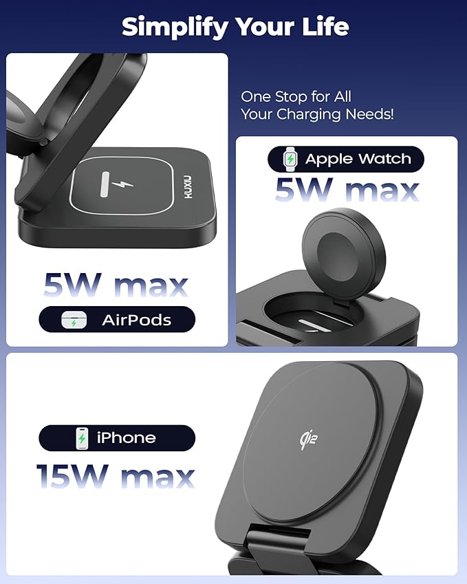 KU XIU X55Q Foldable 3 in 1 Magnetic Wireless Charger, 15W Qi2 Fast Charge - Image 3