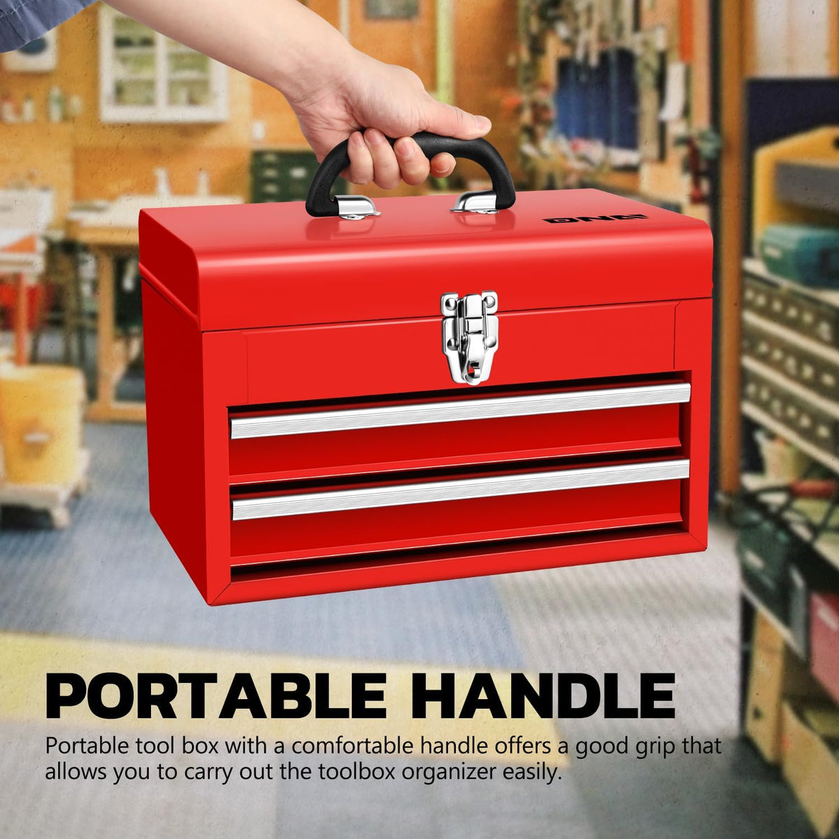 dna motoring 14 inch steel portable tool box showing dimensions