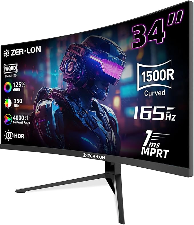 ZER-LON 34 inch Curved Gaming Monitor, 21:9 WQHD 3440×1440 165Hz Ultrawide by ZER-LON