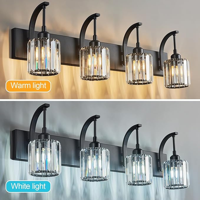 FDPBY 4-Light Crystal Vanity Light, Modern Black Bathroom Wall Sconce - Image 2