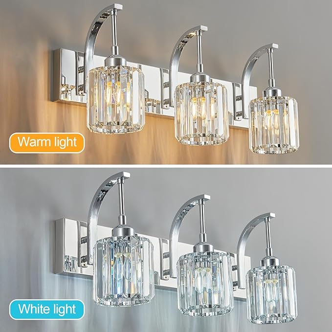 FDPBY 3-Light Crystal Vanity Light, Modern Chrome Bathroom Wall Sconce - Image 2