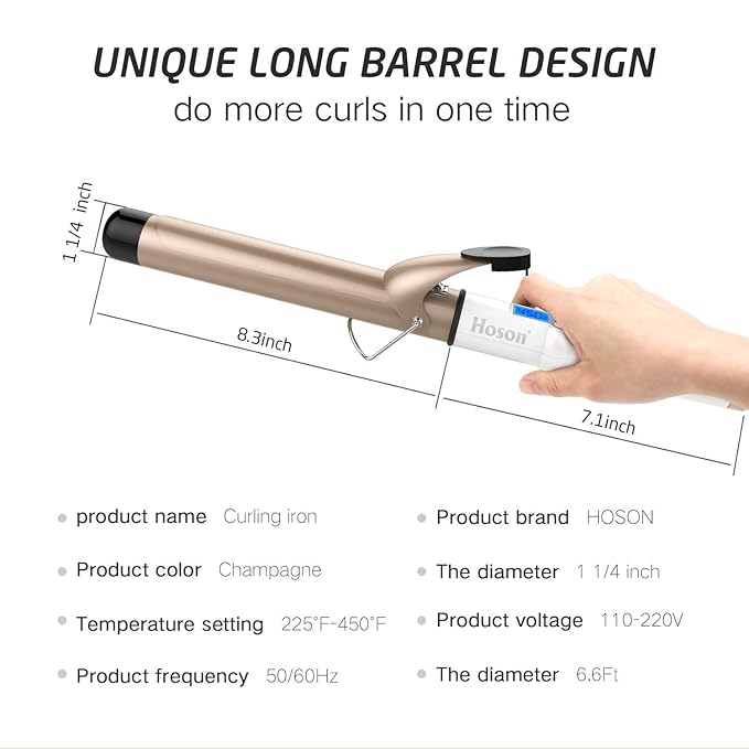 Hoson 1 1/4 Inch Curling Iron Dual Voltage, Ceramic Long Barrel 1.25 Inch Hair - Image 6