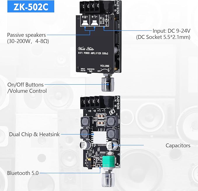 Audio Amplifier Board, ZK-502C Mini Bluetooth Amp Receiver 2.0 Channel 50W x 2 - Image 5