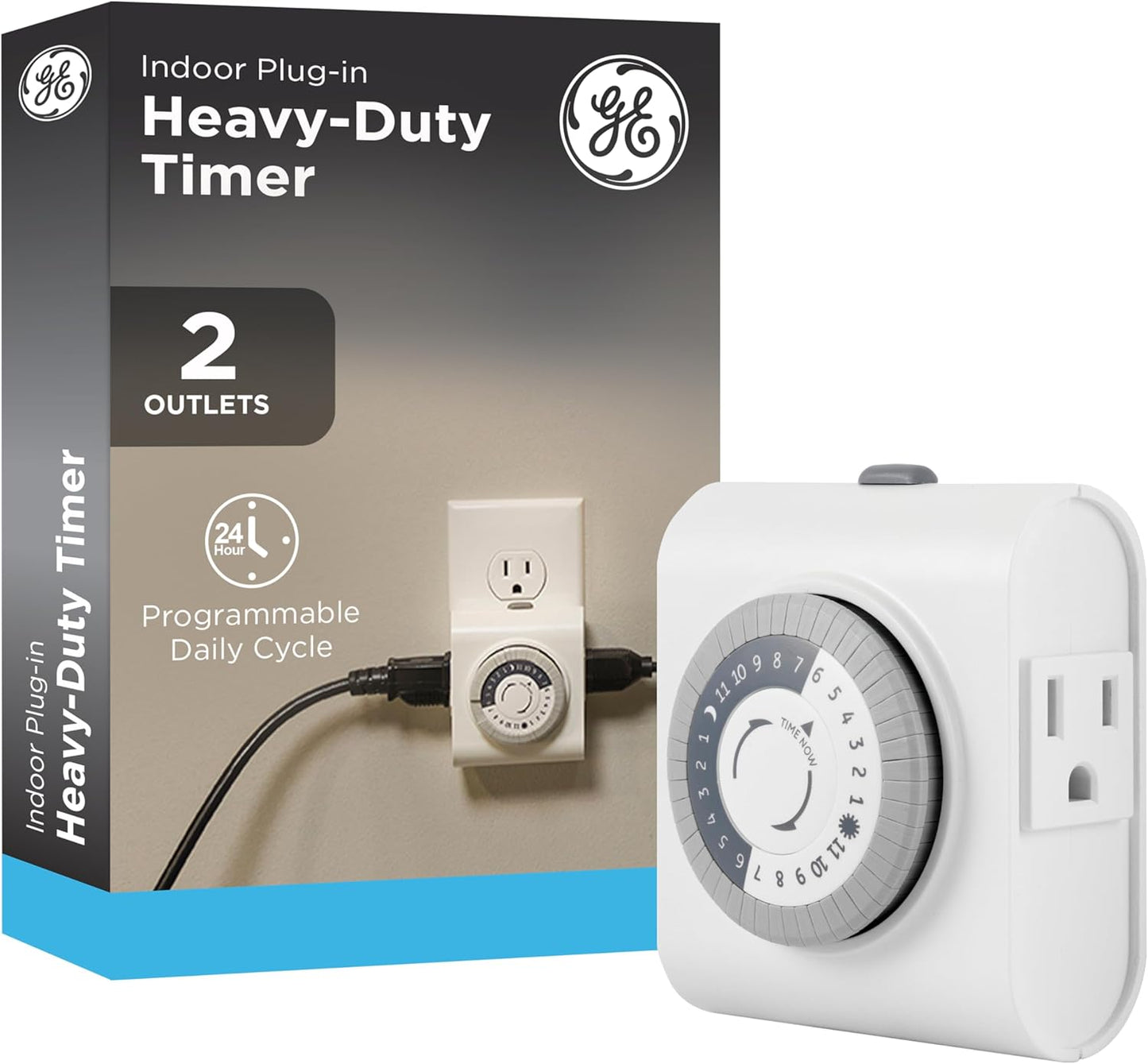 GE 24‑Hour Plug-in Mechanical Timer Outlet, 2 Grounded Outlets, 1 Pack | Plug-in Control for Indoor Lighting, Lamps, Christmas Trees, Manual Override Switch, 30-Minute Intervals