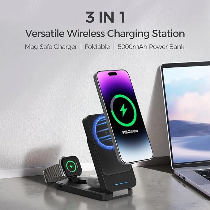 ANJANK 3 in 1 Portable Wireless Charging Station, 5000mAh Removable Mag-Safe - Image 2