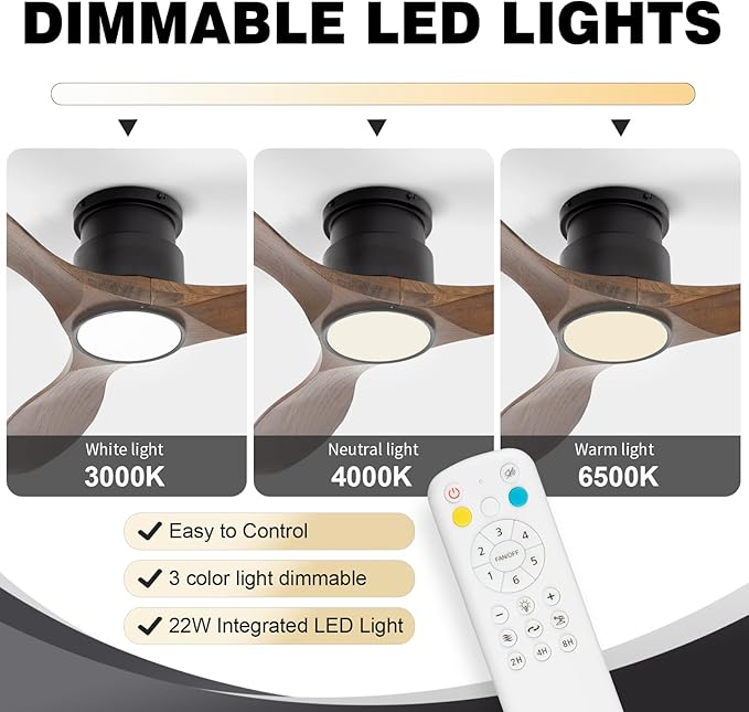 revoici 52'' Ceiling Fan with Lights and Remote, 3 Blade Amber Wood Low Profile - Image 2