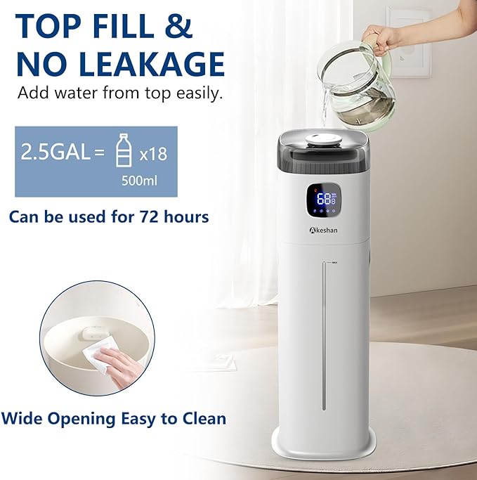 Akeshan Large Humidifier for Bedroom, 9L/2.5Gal Ultrasonic Cool Mist, Easy Clean - Image 4