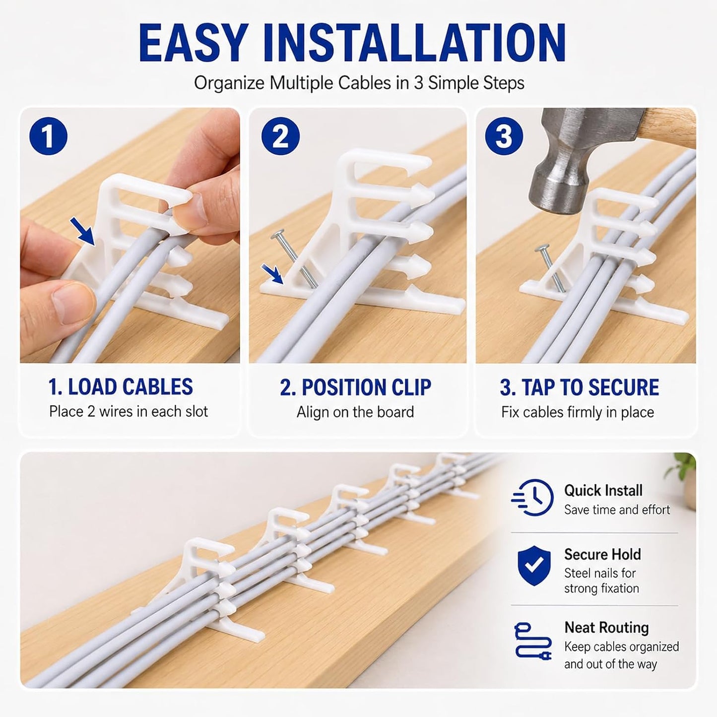 Multi-Cable Staples 200 Pack, White Electrical Wire Stackers, Steel Nails | Multi-Wire Cable Clips Compatible with Romex NM Cable Coaxial CAT5 and CAT6 Data Lines, Nail-On Fasteners for Wood Studs