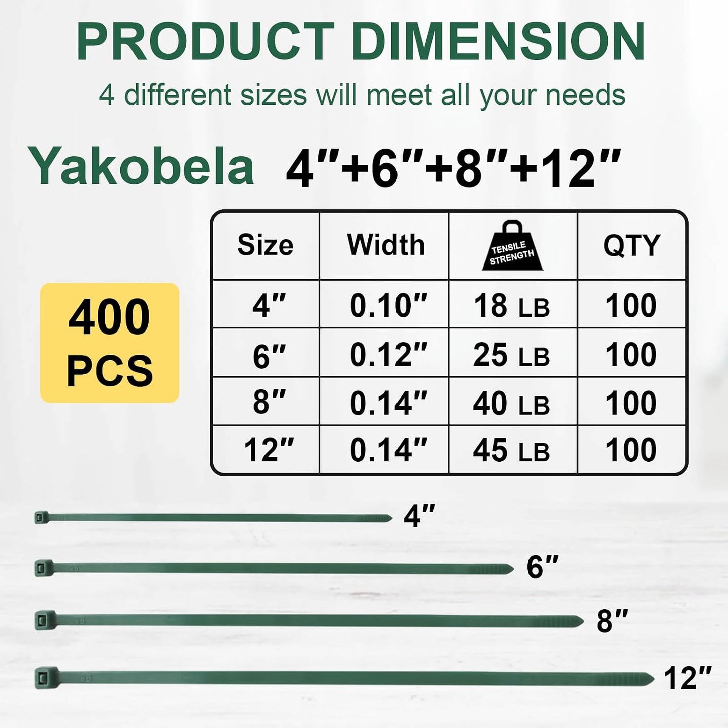 Green Zip Ties Assorted Sizes (4"+6"+8"+12"), 400 Pack, Cable Ties UV Resistant for Garden, Plants, Fence, Holiday Lights, Yakobela