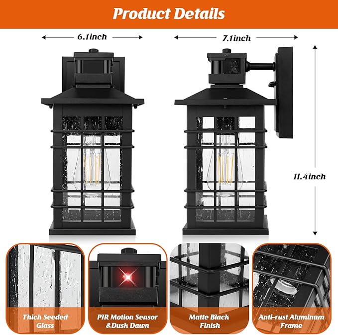 Motion Sensor Outdoor Wall Lights Black, Dusk to Dawn Outside Porch Lights - Image 6