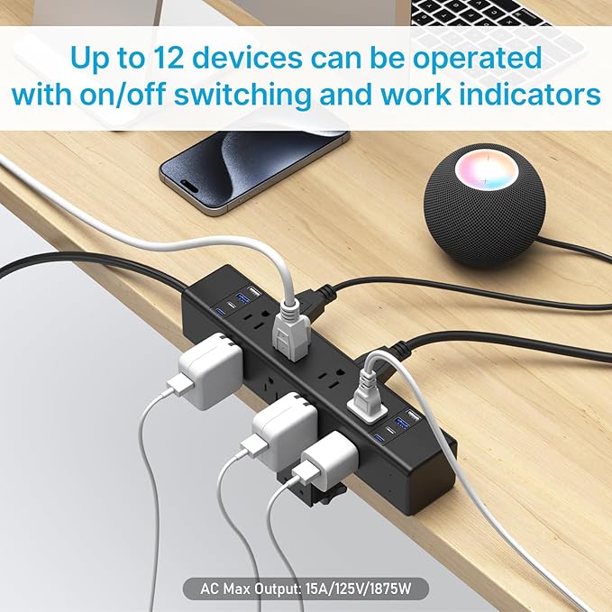 CCCEI Desk Outlet Station 20W USB C Port. 12 Outlet Desktop Clamp Power Strip - Image 5