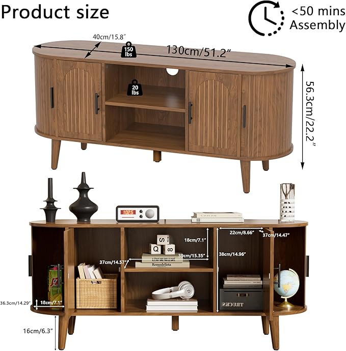 Mxtxmy 51" Fluted TV Stand, Mid-Century Modern Entertainment Center - Image 2