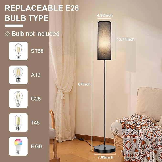 FRIDEKO HOME Floor Lamp with Black Shade, Simple Design with Foot Pedal Switch - Image 5
