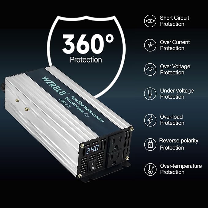 WZRELB 1000W Pure Sine Wave Inverter 24V DC to 110V 120V AC Power Converter - Image 2