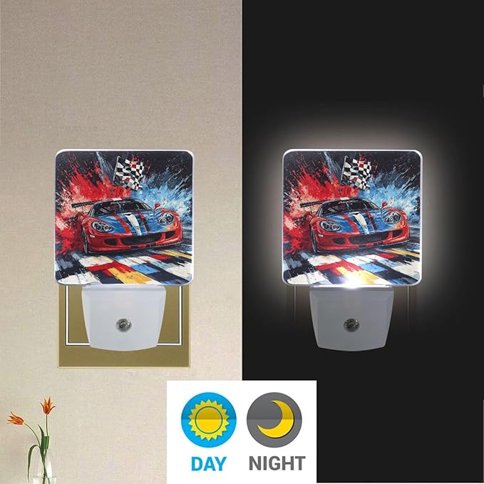 Pigsaly Led Night Light Red Blue Sports Car Checkered Flag Night Light Plug in - Image 5